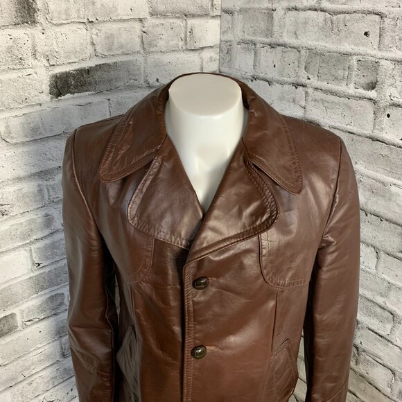 Vintage 70s Chocolate Brown Disco Leather Jacket Retro Mod Trench Coat - Picture 5 of 13